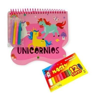 Imagem de Desenhos Unicórnios Livro c/ Canetinha+Adesivos+Massinha - Brasilleitu