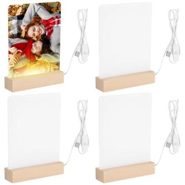 Imagem de Homaisson 4 molduras acrílicas de sublimação, painéis de luz LED de 15 x 20 cm com base de madeira, luz noturna amarela quente alimentada por USB, impressão à máquina de prensa térmica, presente para