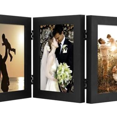 Imagem de Golden State Art, Porta-retratos com três dobras 13 x 17 cm, com 3 aberturas, colagem de fotos de família, com vidro real (triplo de 12 x 17 cm, preto, 1 pacote)