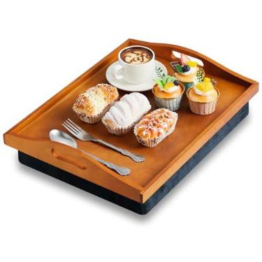 Imagem de Tioncy 1 bandeja de colo de bambu com almofada removível 42 x 33 cm, mesa com alças para adultos comendo na poltrona reclinável, presente de inauguração de casa (marrom vintage)