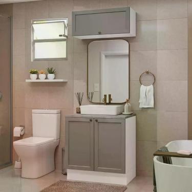 Imagem de Conjunto Gabinete Para Banheiro 80cm 3 Portas Vik Madesa 02 Branco-cinza
