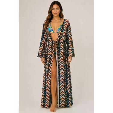 Imagem de Saída De Praia / Kimono Longo Com Manga - Corpo Dourado Moda Praia, Zi