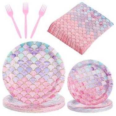 Imagem de Conjunto de 96 peças de louça de festa de sereia, design de escala gradiente rosa e roxo, pratos de papel descartáveis, guardanapos, garfos para 24 convidados, decorações de aniversário com tema