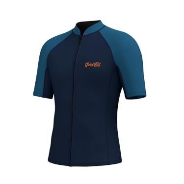 Imagem de GoldFin Camisa masculina de neoprene de manga curta, com zíper frontal de 2 mm, camisa de natação em água fria, mergulho, surfe, snorkeling, azul-marinho, 4GG