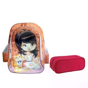 Imagem de Kit Mochila Escolar Infantil Jolie Morena 24 E Estojo Duplo Académie Rosa - Abcd