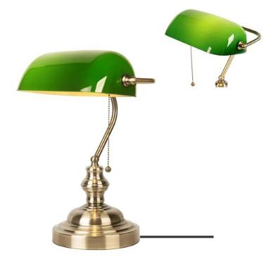 Imagem de JCPYIUL Luminária De Mesa Green Glass Bankers, Listada Pela Etl, Luminárias De Mesa Antigas Com Base De Latão, Luminária De Biblioteca Tradicional Com Corrente De Puxar, Base E26, Luminária De Mesa