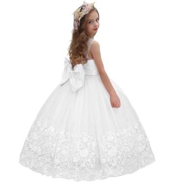 Imagem de ABAO SISTER Vestido de dama de honra de renda bordado princesa vestido de baile infantil vestido de primeira comunhão, Branco, 8-9 Anos