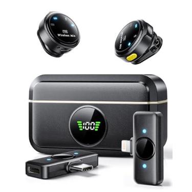 Imagem de Microfone de lapela sem fio para iPhone/Android Suphyee, microfones de lapela com plugue Lightning/USB-C Plug-Play, alcance de 4,5 m, microfone condensador omnidirecional para gravação de vídeo