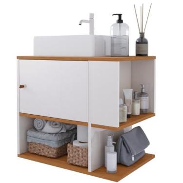 Imagem de Gabinete Armário Balcão Aéreo Suspenso de Parede para Lavabo Pia Banheiro Pequeno Apartamento 1 Porta e Nicho Organizador Deca Aqua (Offwhite/Freijó)