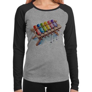 Imagem de Baby Look Raglan Xilofone Manga Longa - Foca na Moda, Cinza, Preto, GG