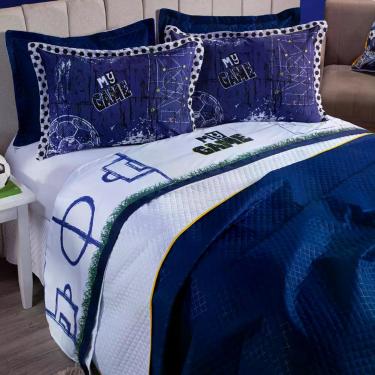 Imagem de Jogo De Cama Lençol Queen Futebol Game Branco Com Fronhas E Virol Estampados 04 Peças - Percal 200 Fios