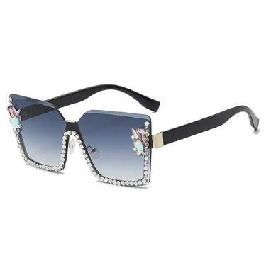 Imagem de Óculos de sol quadrado diamante brilhante feminino oversized bomba brilho strass óculos de sol uv400 óculos de sol feminino, preto azul, tamanho único