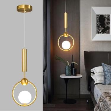 Imagem de Luminária pendente moderna esférica de vidro, estilo lustre simples dourado, com altura ajustável, ideal para cabeceira, ilha de cozinha, sala de jantar, quarto, hall de entrada ou corredor