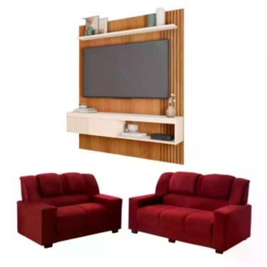 Imagem de Kit Sofá Sandero 2 e 3 Lugares com Painel Esmeralda para TV Até 55 Polegadas Vermelho Freijo Off White Paraná
