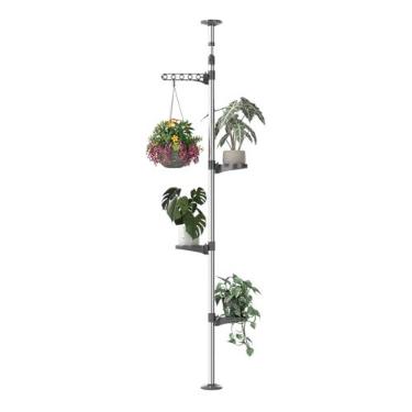 Imagem de Hershii Suporte para plantas internas de 5 camadas, haste de tensão de mola, suporte de exibição de flores, ajustável, telescópico, prateleira do chão ao teto, economia de espaço - cinza