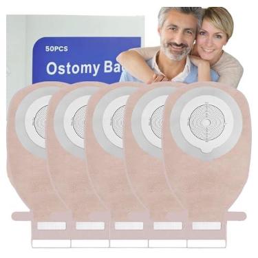 Imagem de 50 unidades de sacos de colostomia, suprimentos de ostomia de 15 mm-65 mm, bolsa drenável de uma peça para cuidados com o estoma de leostomia, cortado para caber