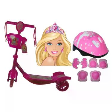 Imagem de Patinete Infantil 03 Rodas Com Cesta Barbie E Kit Proteçâo - SAMBA TOY
