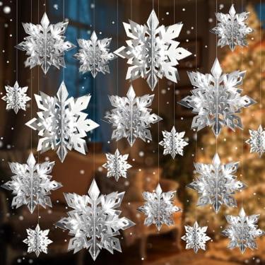 Imagem de Decorações de Natal para pendurar floco de neve, 12 peças de flocos de neve de papel prata 3D, enfeite de guirlanda de flocos de neve para teto, Natal, inverno, ano novo, feriado, aniversário, casa