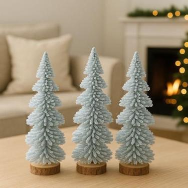 Imagem de Árvore de Natal Decorativa Mini, Branca Nevada com Base em Madeira, 25cm, para Mesa, 3 Unidades
