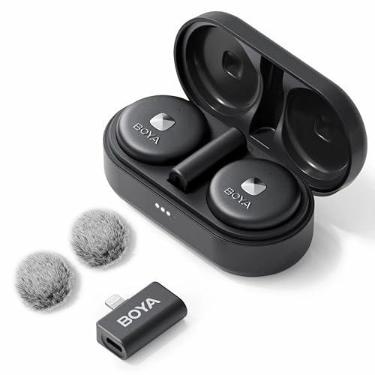 Imagem de BOYA Microfone de lapela sem fio Omic-D para iPhone iPad iOS, microfone magnético de lapela com clipe para cinto com capa de carregamento sem fio, redução de ruído de transmissão de 50 m para gravação