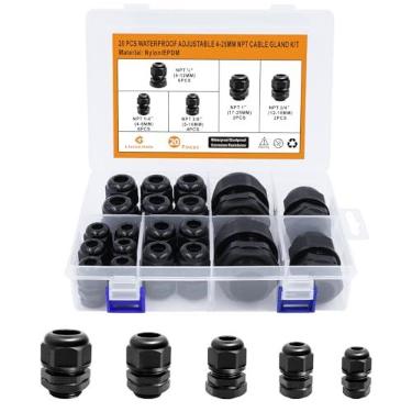 Imagem de Prensa-cabos à prova d'água, LISTENJIALE 20 peças de nylon NPT ajustáveis 4-25 mm conectores de cabo à prova d'água 1/10.2 cm 3/20.3 cm 1/5.1 cm 3/10.2 cm 2.5 cm juntas de glândula de cabo com juntas