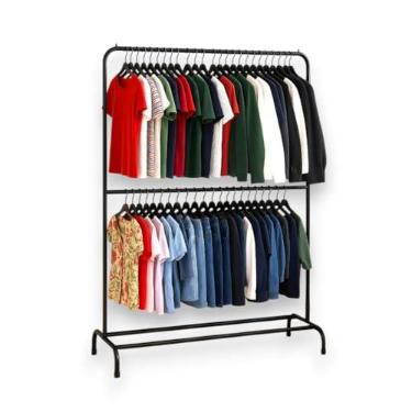 Imagem de Arara Cabideiro, Arara Dupla para Roupas com Sapateira, 100% Aço, Suporta 180 Cabides(PRETA)