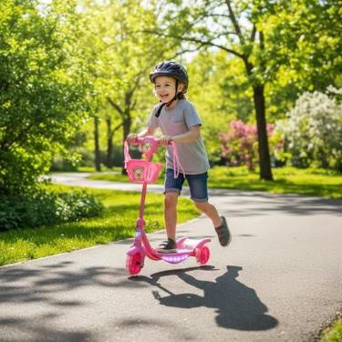 Imagem de Patinete Infantil Rosa com Cesta, Luzes LED e Som, Estrutura Metálica, Suporta 35kg, para Crianças Acima de 3 Anos
