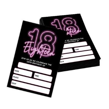 Imagem de Utaqer 10 x 15 cm Cartões de convite para festa de aniversário de 18 anos com envelopes conjunto de 20, artigos de festa de aniversário de dezoito anos neon rosa para meninos, meninas, adolescentes ou