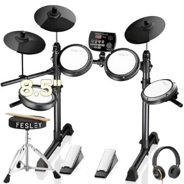 Imagem de Fesley FED150W Conjunto de Bateria Elétrica: Conjunto de Bateria Eletrônica com 4 Almofadas Bateria Silenciosas para Iniciantes, Caixa Zona Dupla, Conjunto de Bateria com Função Bluetooth e Midi