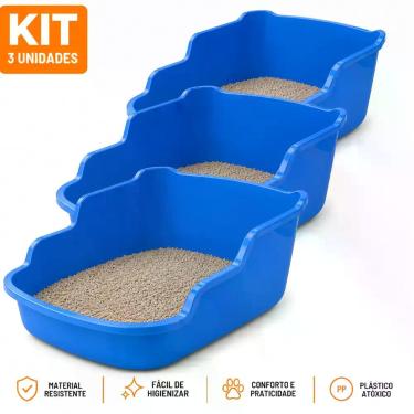 Imagem de Kit 3 Caixa Areia Elegance Azul Bandeja Higienica Gato Pet - FURACAO