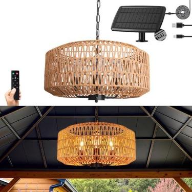 Imagem de ALL FORTUNE Lustre solar ao ar livre, lustre externo de vime de 4 luzes de 50,8 cm, luzes pendentes impermeáveis penduradas, para gazebo, varanda, pátio, pérgola