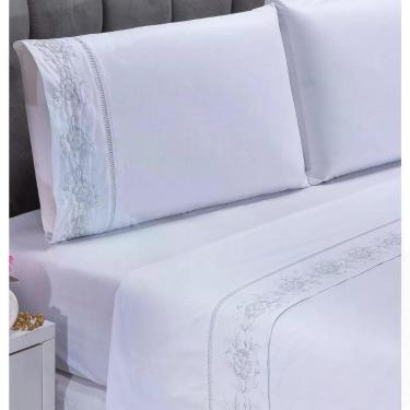 Imagem de Jogo Lençol Floral Quarto Casal Queen Bordado 4 Peças 2fronha Cor: Branco Com Cinza
