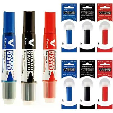 Imagem de Kit 3 Pincel para Quadro Branco V-board Master com 6 Refis Preto Azul Vermelho Plástico Reciclado Pilot
