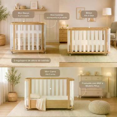 Imagem de Berço 3 em 1 Evolutivo com mini colchão incluso MDF e Madeira Maciça Q
