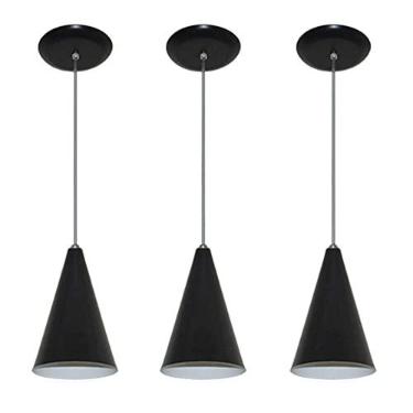 Imagem de Kit 03 pendentes de aluminio modelo cone - ideal para balcao cozinha americana, bancada (Preto com Branco)