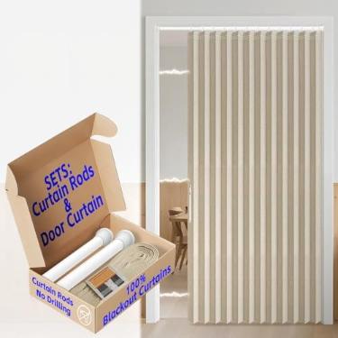 Imagem de Cortina magnética AJAZZ 100% blackout para porta dobrável sanfonada para porta de armário invisível aplicável quarto sala de estar porta (1 pacote, 137 L x 198 C, amarelo creme + varão)