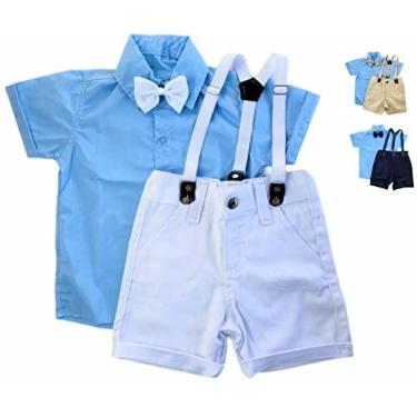 Imagem de Roupinha Social Bebê Batizado Menino Conjunto Kit 4 Peças Camisa Azul Gravata Bermuda Suspensório (1 ano, Azul e Bege)