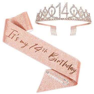 Imagem de BRT Bearingshui Faixa e tiara de aniversário de 14 anos para meninas, coroa de faixa de aniversário de ouro rosa 14 e fabulosa faixa e tiara, presentes de aniversário de 14 anos para lembrancinhas de