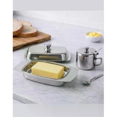 Imagem de Kit Manteigueira + Açucareiro 100% Inox Polido Tampa Proteção Colher I