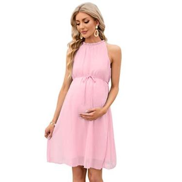 Imagem de KOJOOIN Vestido de maternidade com babados e gola única verão casual sem mangas cintura alta rodado vestido midi sessão de fotos chá de bebê, rosa, G