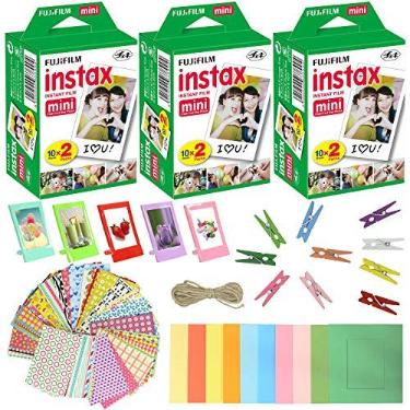 Imagem de Fujifilm Instax Mini filme instantâneo (3 pacotes, 60 folhas) 5 molduras de mesa de plástico + 10 molduras de papel Plus 60 molduras adesivas