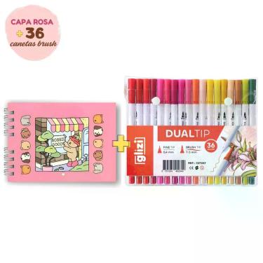 Imagem de Caneta para Lettering OEM Dual Tip Brush Pen com 2 Pontas Flexível e Fineliner Kit Caderno e 36 Unidades Rosa