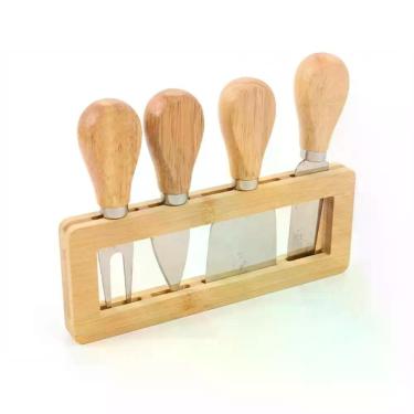 Imagem de Kit de Facas para Queijo em Bambu com 4 Utensílios Inox e Suporte Orga