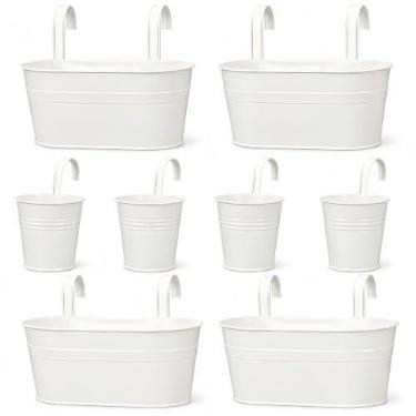 Imagem de 8 peças de vasos de flores pendurados de ferro de metal branco oval vasos de varanda vasos de balde pendurados suporte de vaso de cerca redonda com ganchos destacáveis para decoração de cerca de parede de varanda interna e externa