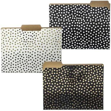Imagem de Graphique Pastas de arquivo de bolinhas pretas, brancas e douradas | Conjunto de 9 (3 desenhos) | Organizadores tamanho carta | Material de escritório decorativo | Cartolina revestida durável | Abas