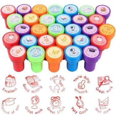 Imagem de 30 carimbos de professores para escola selos de borracha com autotinta, carimbos motivacionais para crianças, professores, carimbos coloridos de plástico para sala de aula, educação, lição de casa,