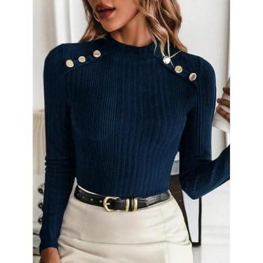 Imagem de Blusa feminina azul-marinho canelada com gola rolê e manga comprida com botões e ombros, Azul escuro, X-Large