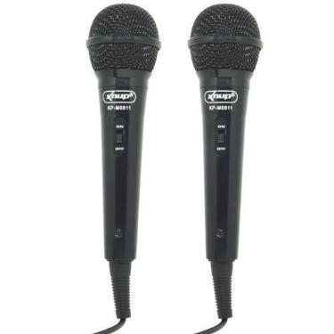 Imagem de Kit 2 Microfones Dinâmico c/ Fio P10 P2 Cabo 2,8 Metros Karaokê e Caix