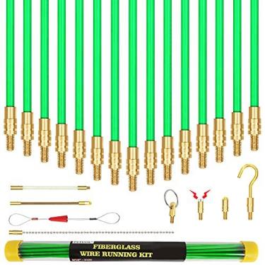 Imagem de Varetas passa-fio de fibra de vidro de 6,4 metros (21 pés), kit de puxar/empurrar fio elétrico com kit de gancho e furo com vareta luminosa, gancho e furo, verde