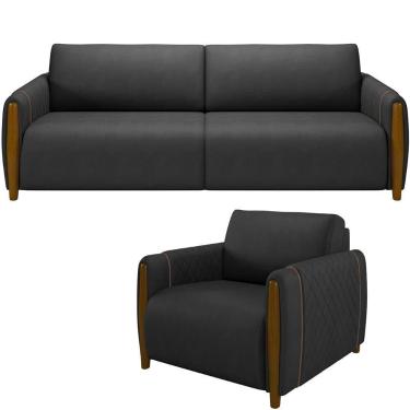Imagem de Kit Sofá 3 Lugares Sala Estar 223 Com Poltrona Flora Pés Madeira M03 S